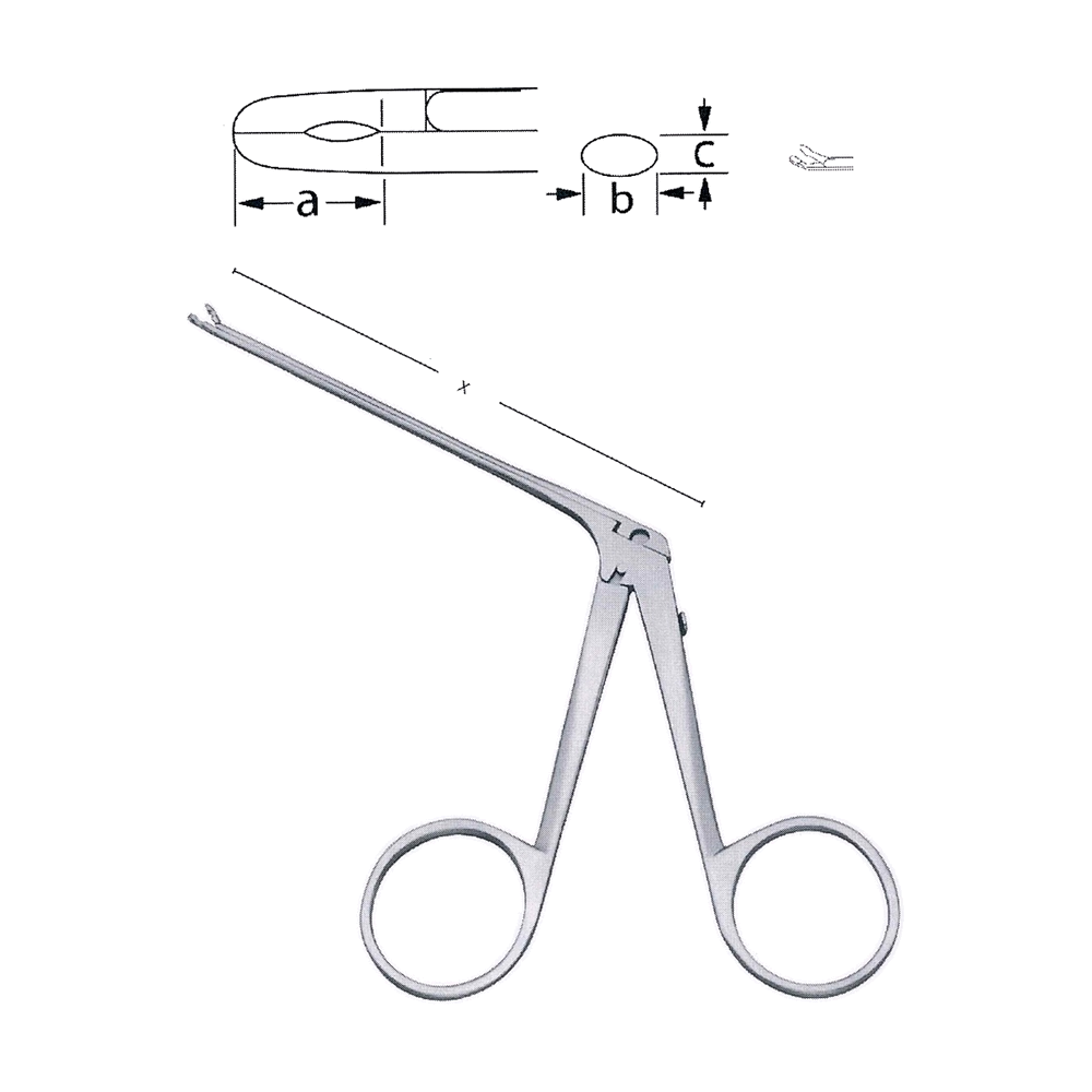 Micro Cup Forceps, X = 75 mm, 3", a = 4.0 mm, b = 1.0 mm, c = 0.9 mm, Curved Upwards, Oval (MB10-135)